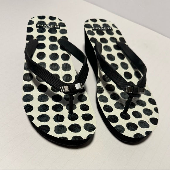 Coach Sandals Womens 8 Black With Silver Bow Alessa Wedge Thong Flip Flop - Picture 1 of 16